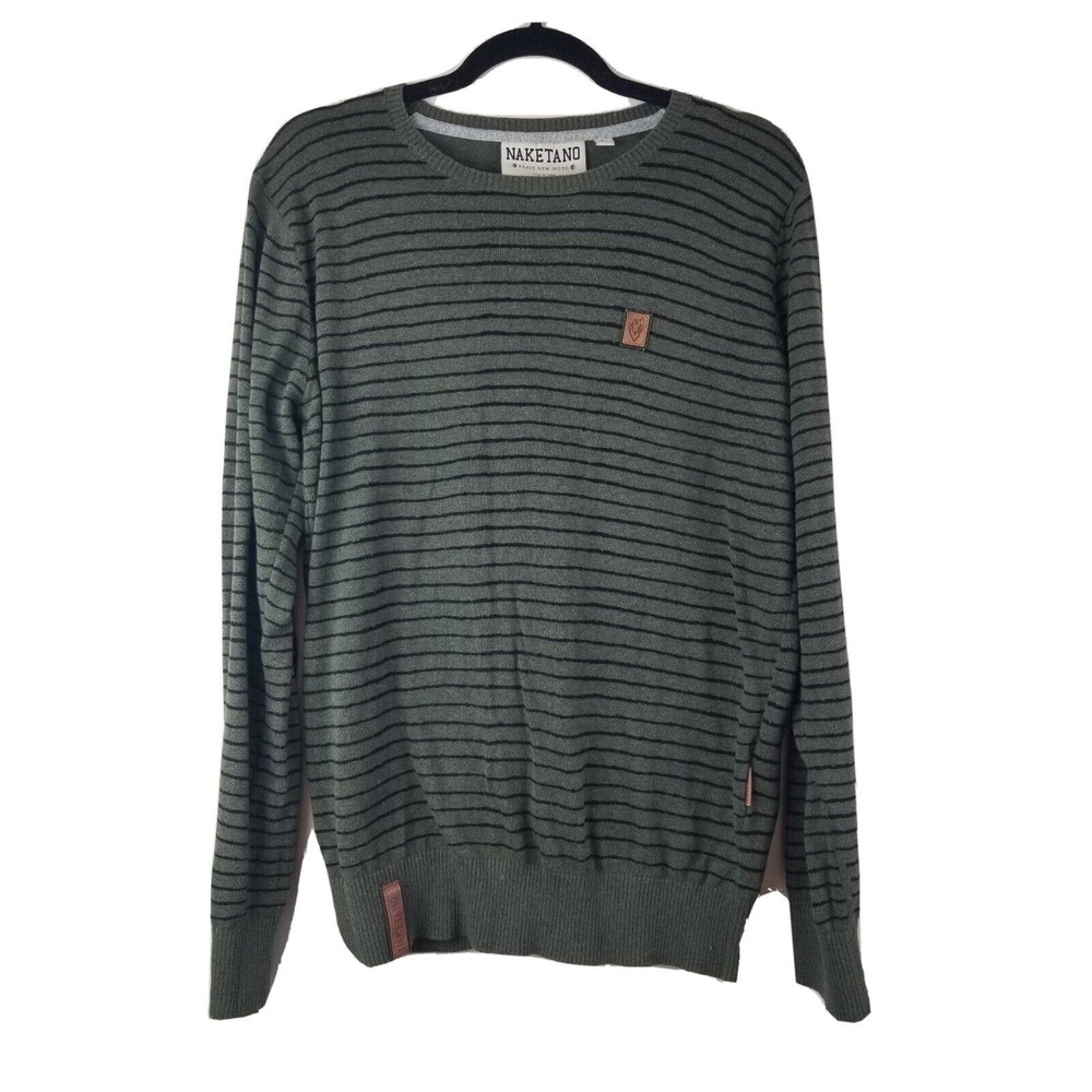 Naketano Men's Sweater Large Knit Crew Neck Shirt Green Pullover Logo‎ Cotton